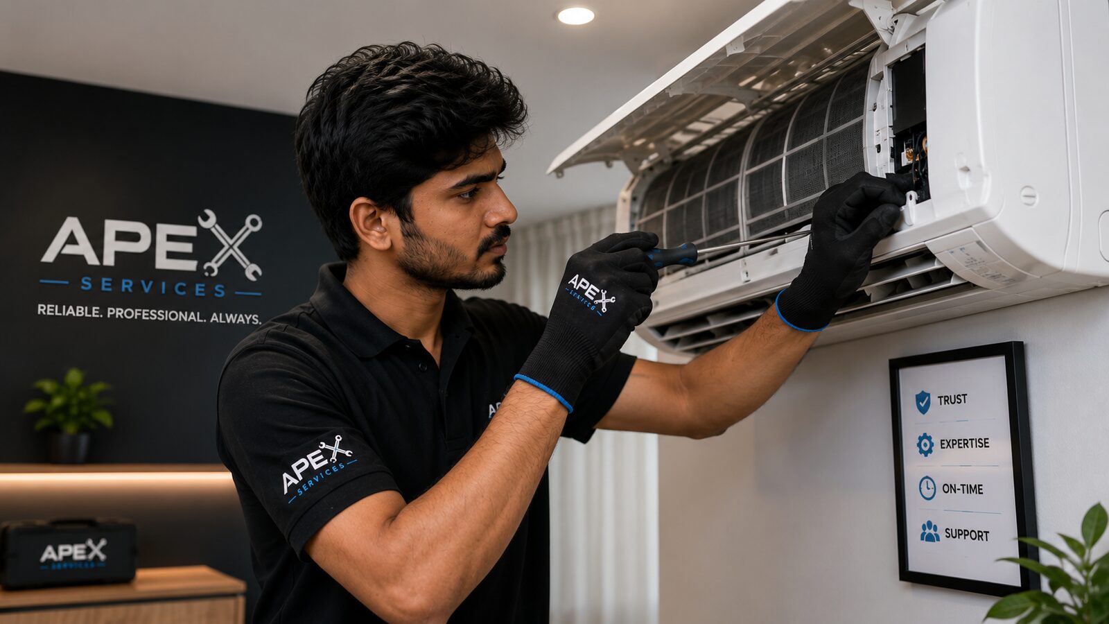 Apex Services technician repairing an air conditioner unit indoors