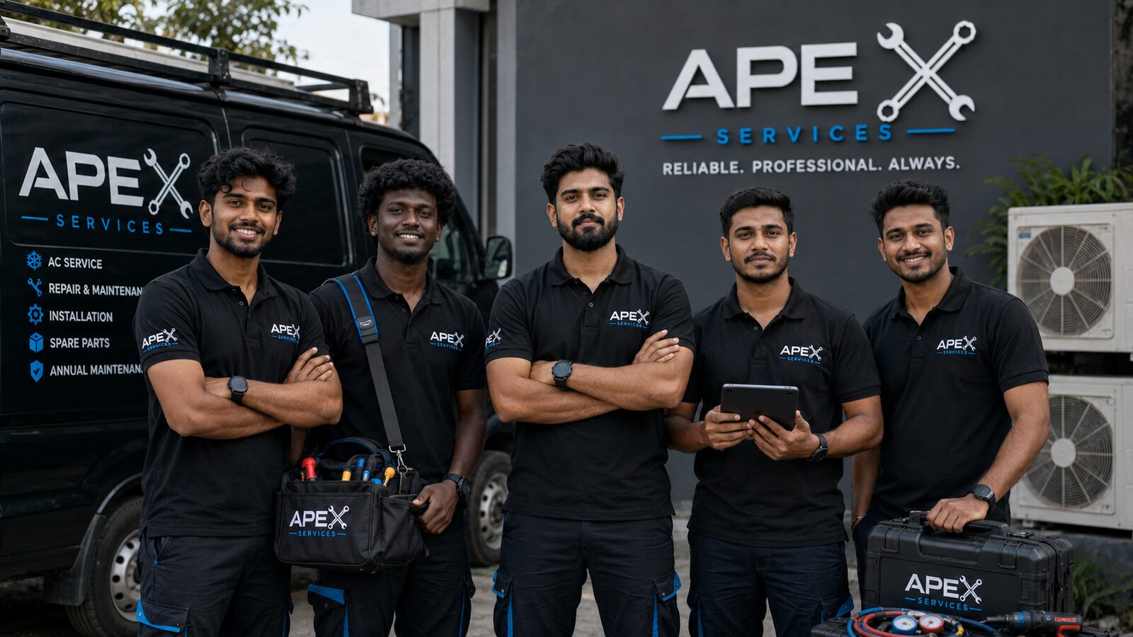 The Apex Services technician team standing in front of their service van