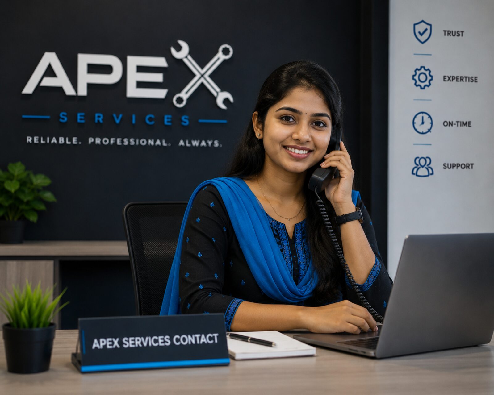 Apex Services customer support agent at her desk, ready to take your call