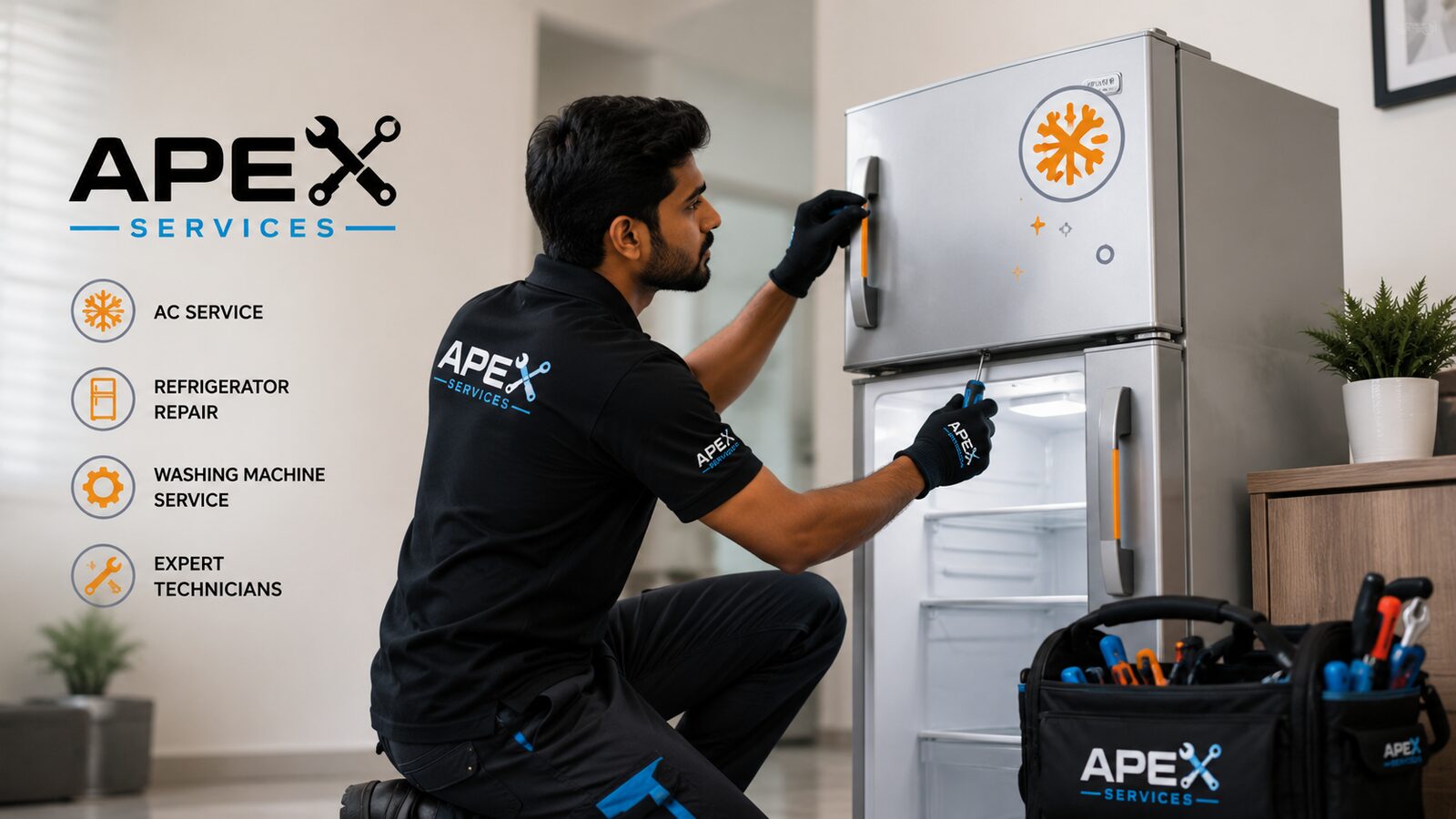 Apex Services technician servicing a refrigerator
