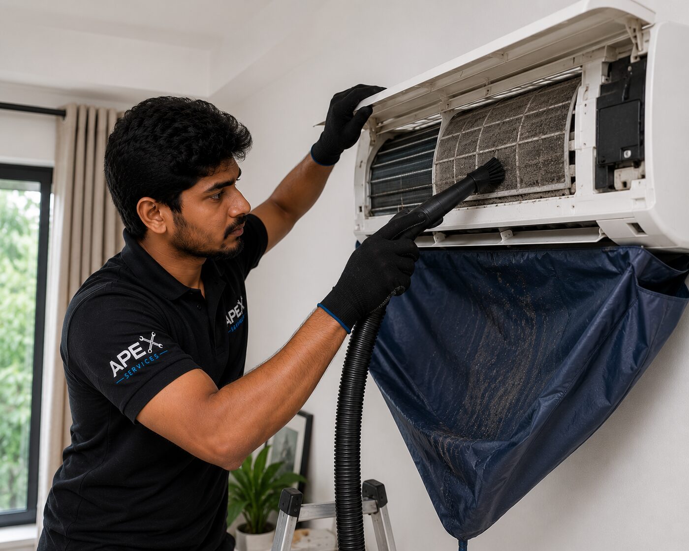 Apex Services technician deep-cleaning an air conditioner