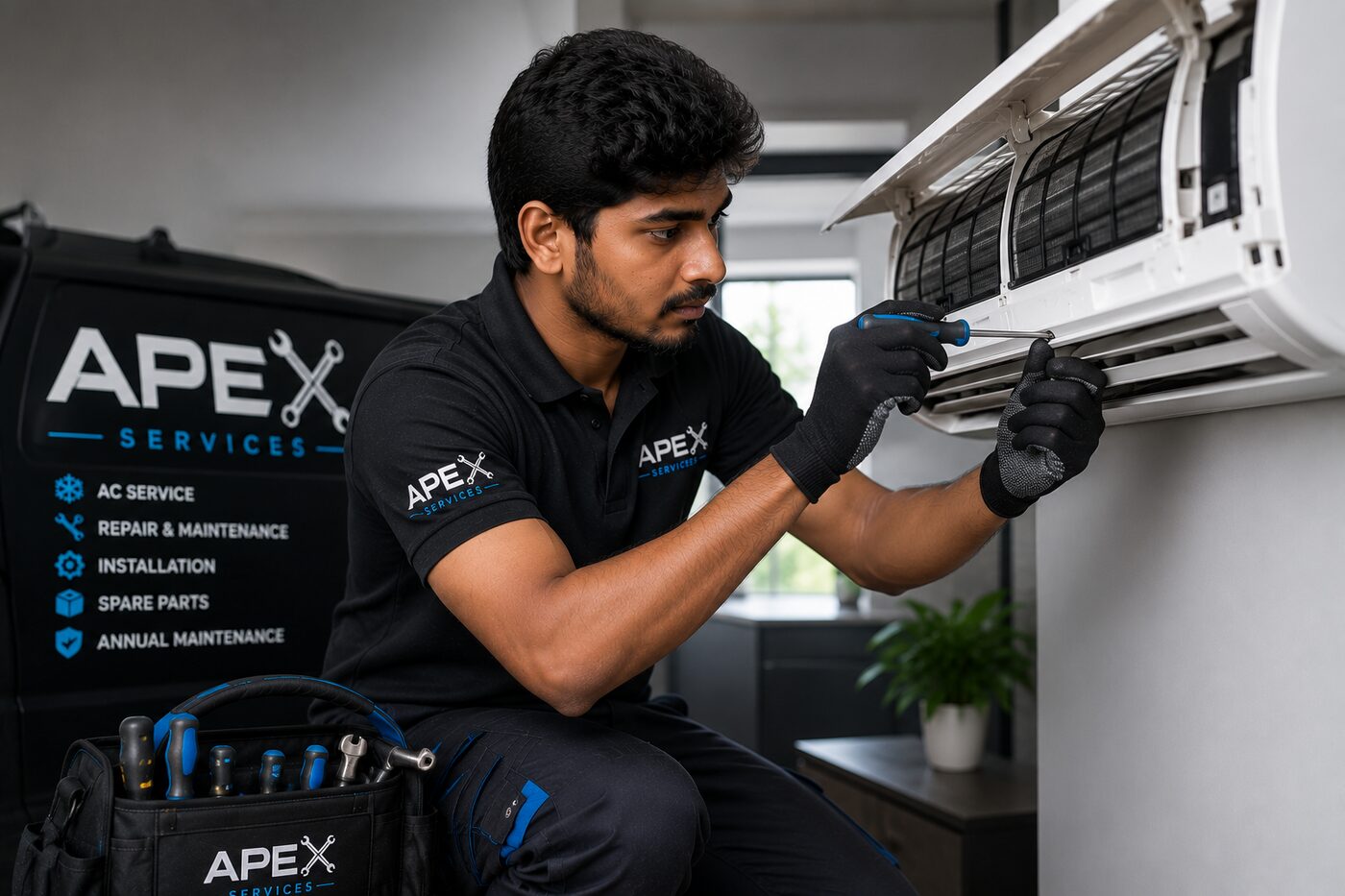 Apex Services technician repairing an indoor AC unit