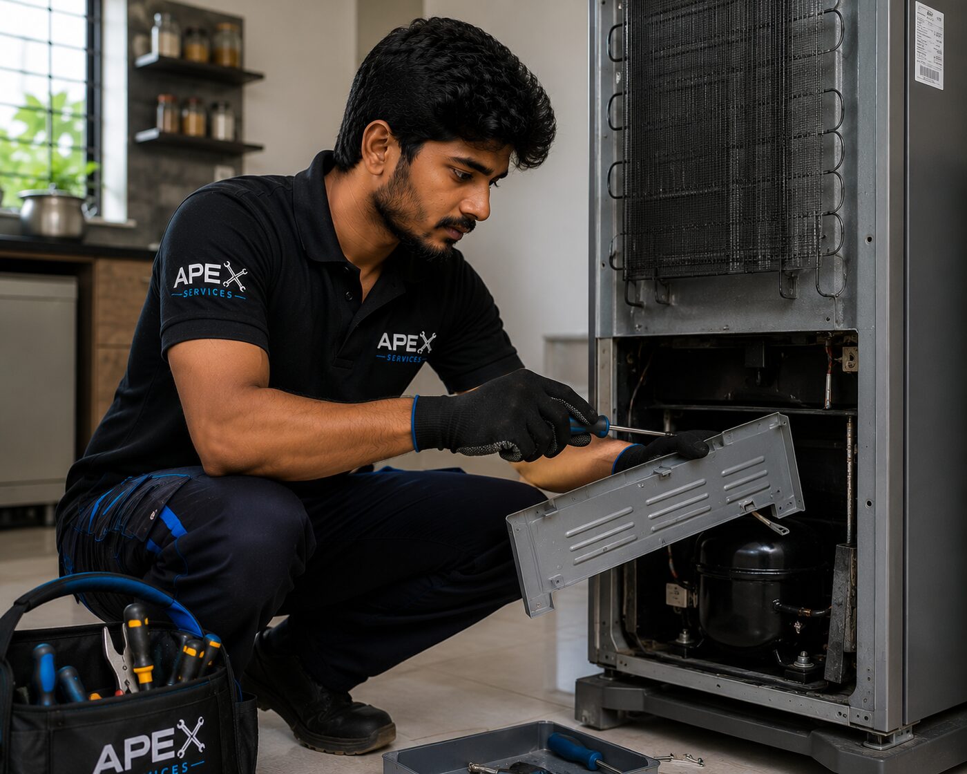 Apex Services technician repairing a refrigerator compressor