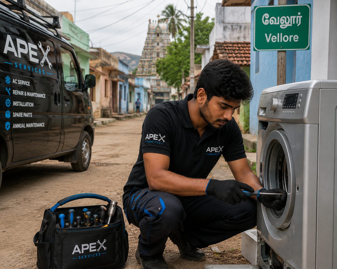 Apex Services technician repairing a washing machine on-site in Vellore