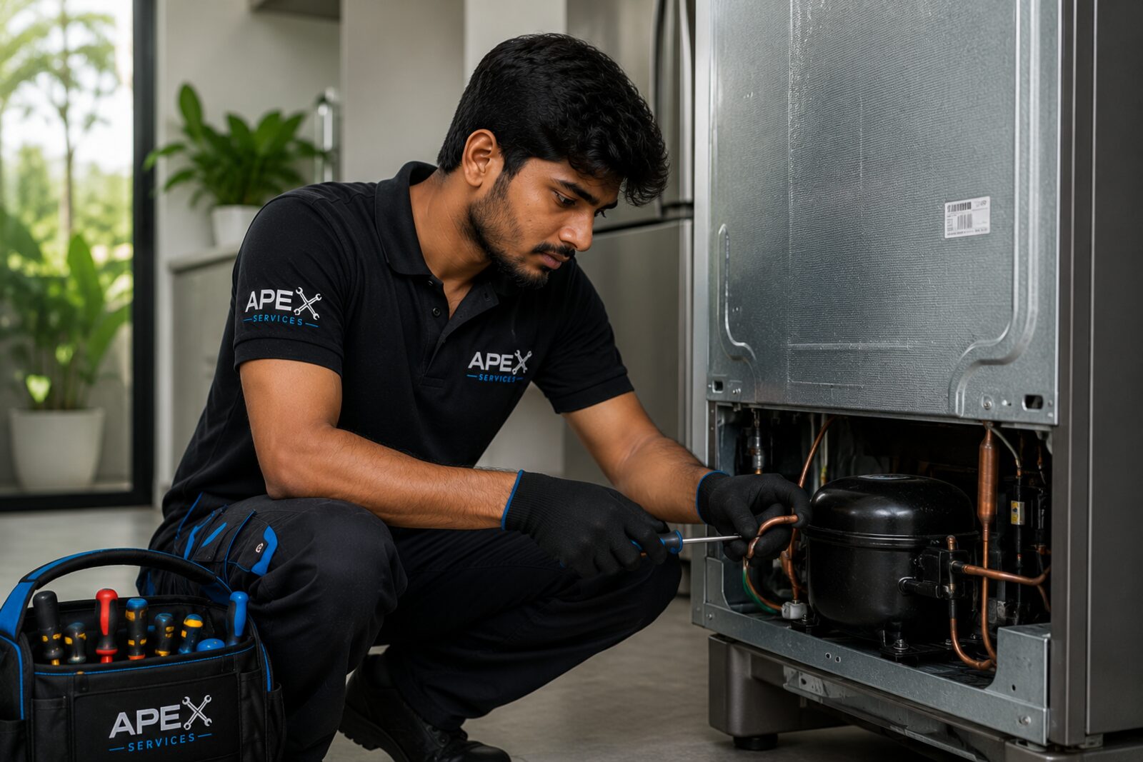 Apex Services technician repairing a refrigerator