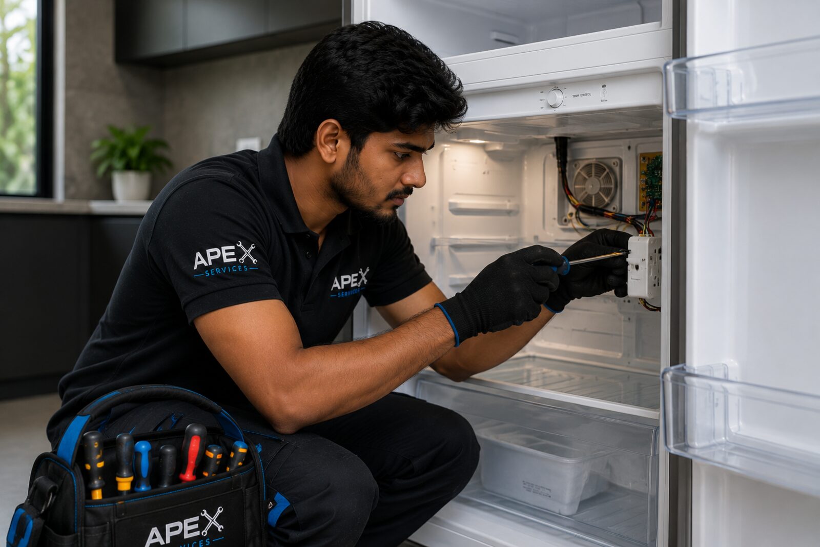 Apex Services technician repairing the interior of a refrigerator