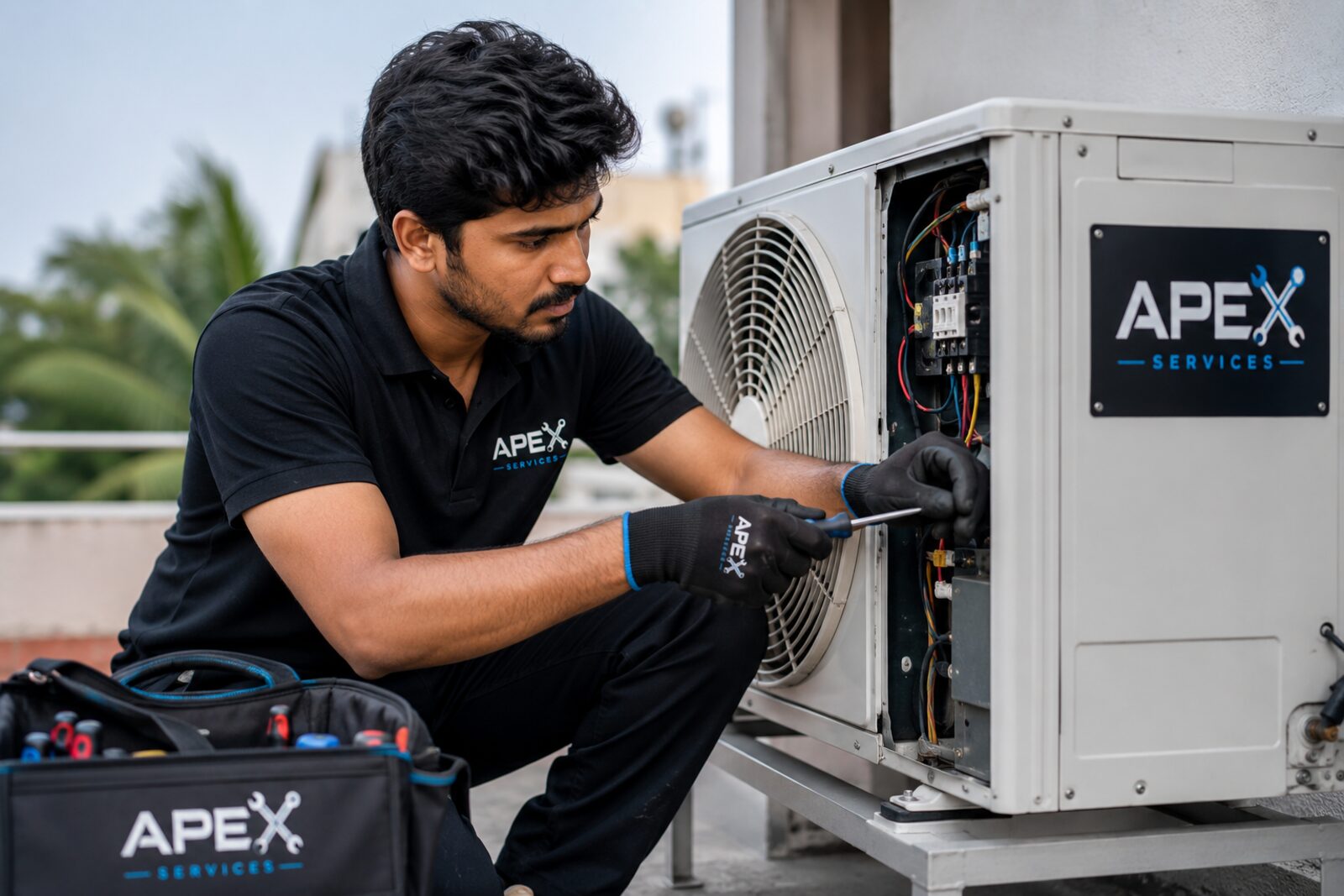 Apex Services technician repairing an outdoor AC condenser unit
