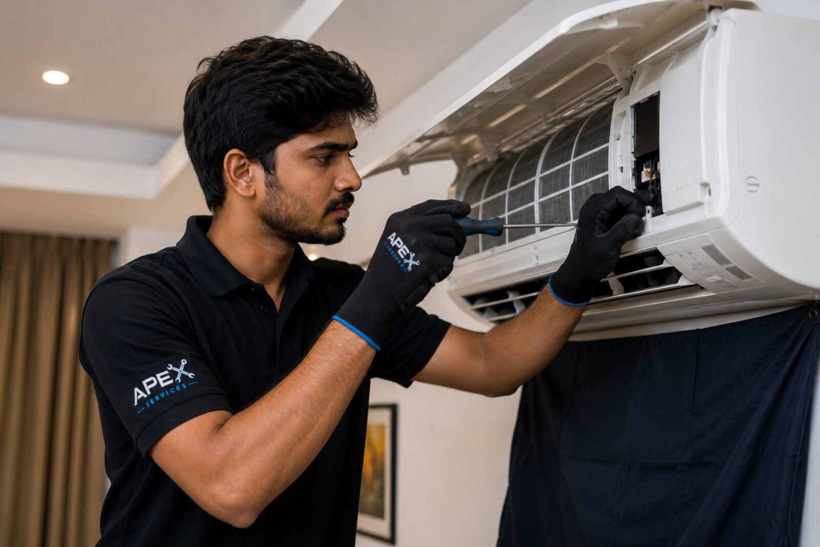 Apex Services technician repairing a wall-mounted AC unit
