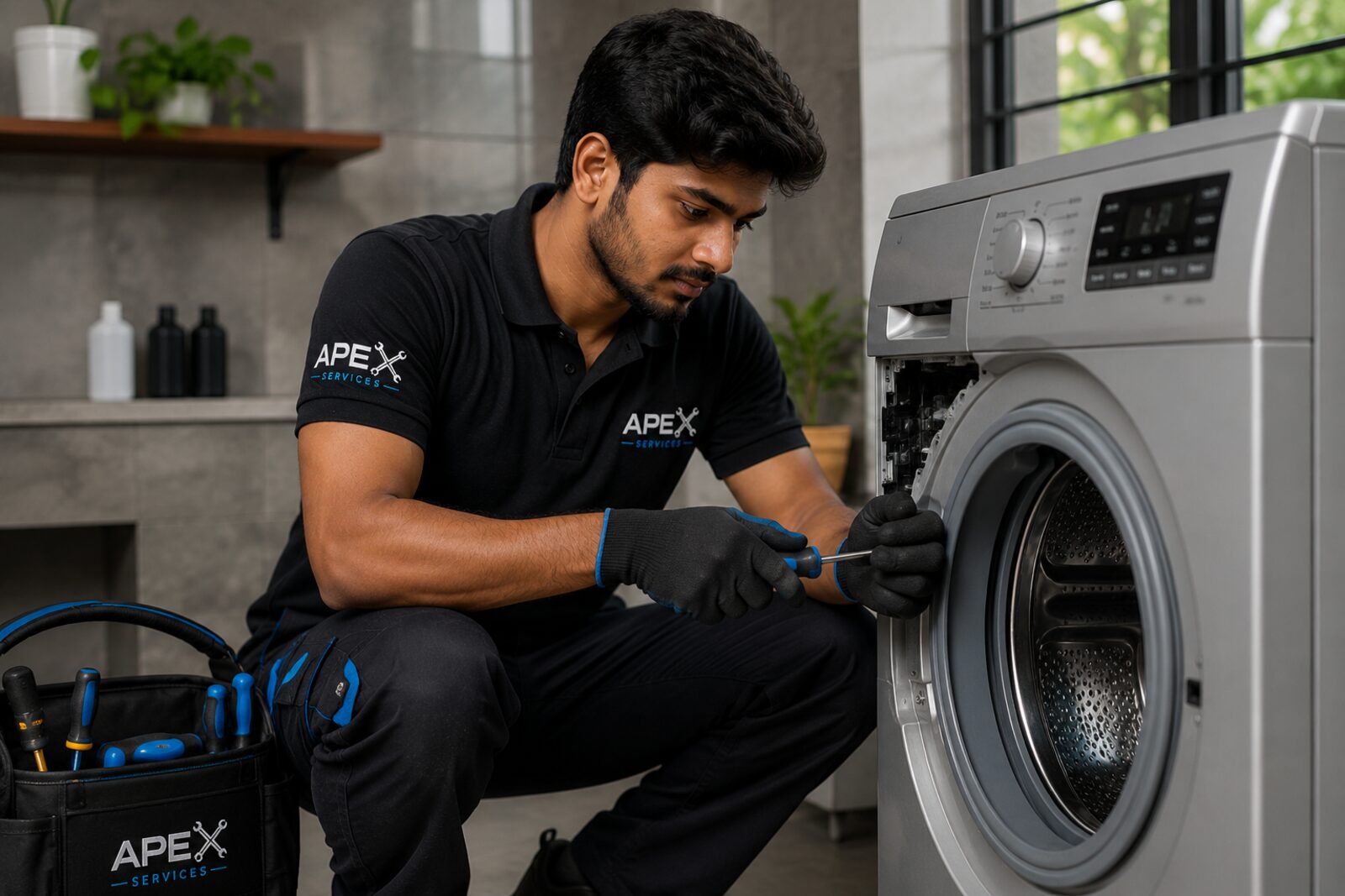 Apex Services technician repairing a front-load washing machine